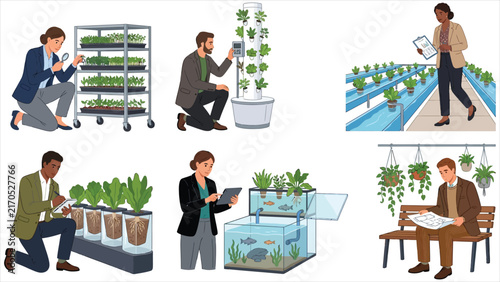 Agritech scientists and agricultural engineers inspecting hydroponic vertical farming systems vector set.