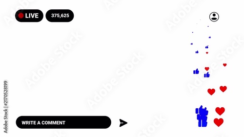 4K Social Media Live Stream UI Overlay, Chat Comments, Like Fountain and Viewers Badge ,Live Streaming overlay animation for social media, social media live streaming tempelates with flying hearts.