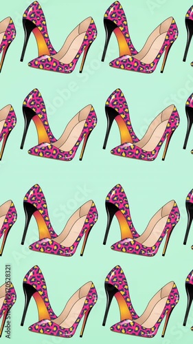 Animation of pink high heels repeated on green backgroud
