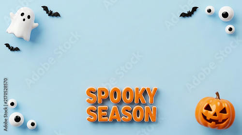 Spooky season text with cute ghost pumpkin and eyeball decorations on a light blue background for halloween