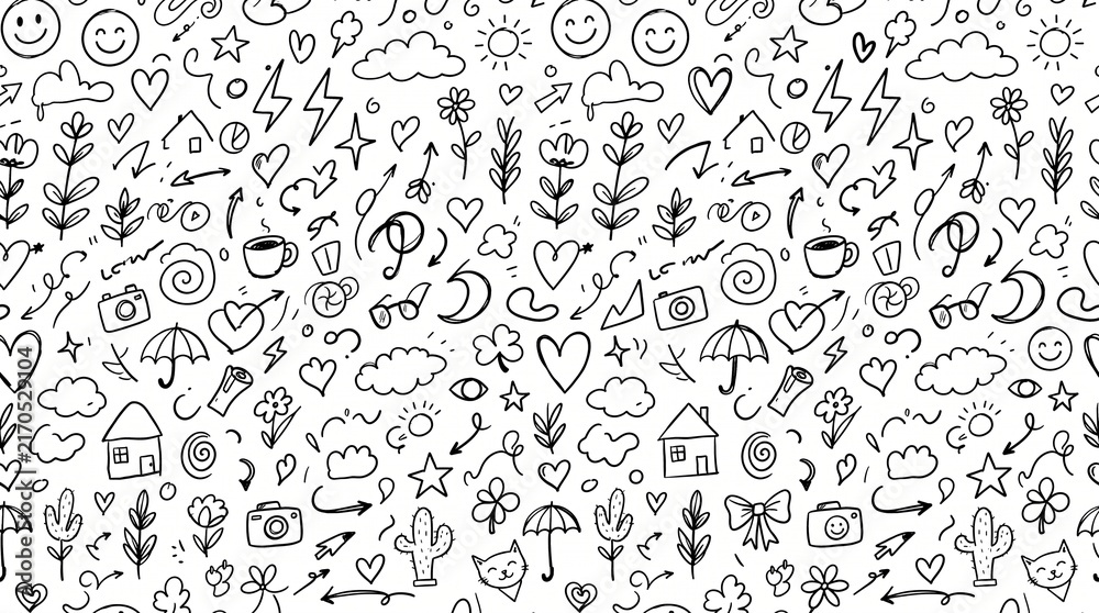 Black and white seamless doodle pattern featuring hand drawn lifestyle icons and cute elements.