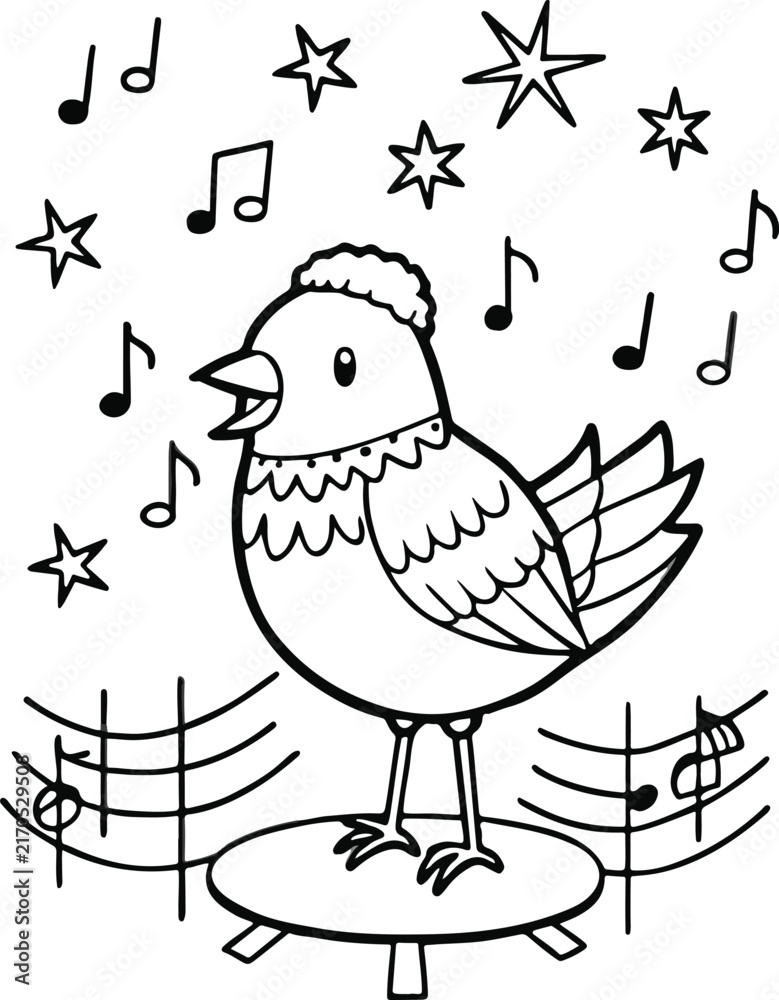 Fototapeta premium Cute singing bird on a stage with musical notes and stars