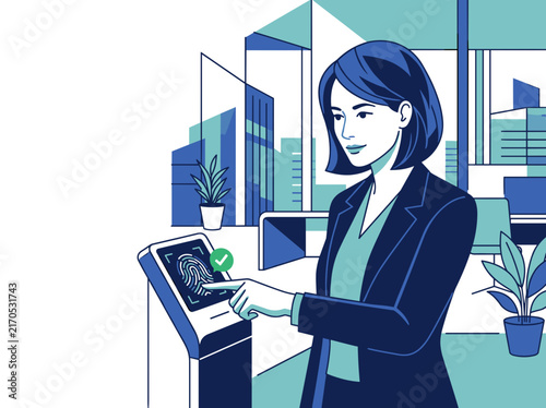 Businesswoman using biometric fingerprint scanner for access control. Successful identity verification. Flat design vector illustration