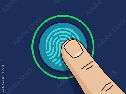 Biometric fingerprint scanner authentication concept. Finger touching digital id interface. Flat design vector illustration