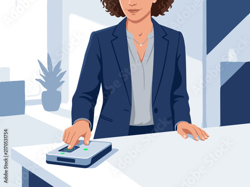 Woman using fingerprint scanner for biometric authentication. Flat design vector illustration of office security and access control system