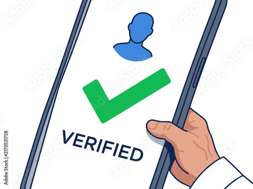Hand holding smartphone with verified identity screen. Flat design vector illustration isolated on transparent background