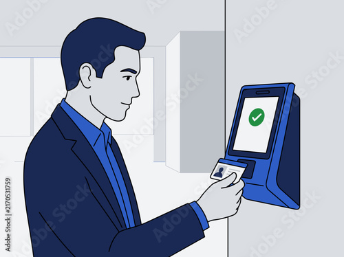 Man scanning ID card at access control terminal. Flat design vector illustration of office security and identity verification system