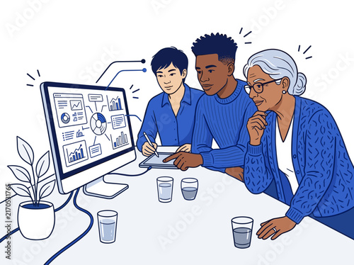 Diverse business team analyzing data on computer monitor. Flat design line art vector illustration of office collaboration and analytics
