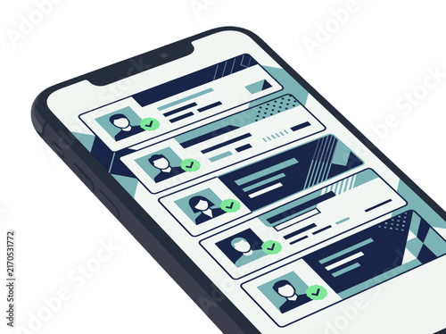 Isometric smartphone with verified user profile list. Vector UI design element isolated on transparent background