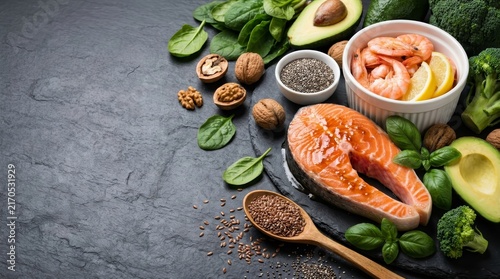 Top view of various omega 3 food sources on a dark background with copy space.