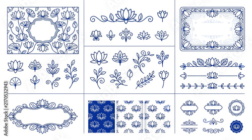 Decorative Lotus Flower Elements & Frames - Isolated Vector Graphics