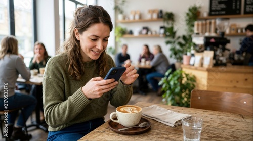 Woman taking a picture of latte art with her smartphone in a cafe. Female capturing coffee on a wooden table