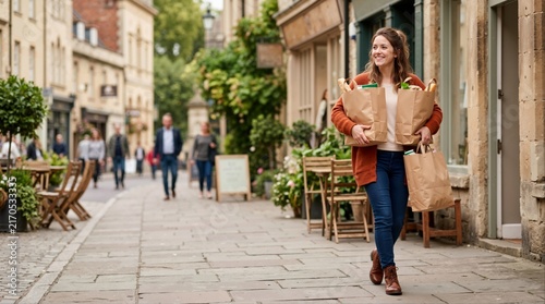 Smiling woman walking down a city street holding paper grocery bags. Female shopper carrying fresh food from a local market. Sustainable living and errand concept
