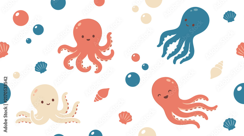 Obraz premium Cute octopus seamless pattern vector with cartoon sea animals seashells and bubbles for kids fabric and wallpaper design