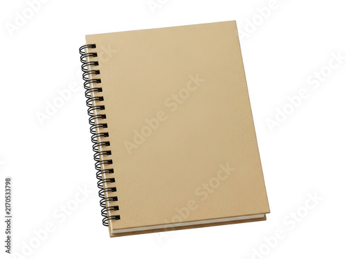 A small spiral bound notebook with a brown recycled paper cover for daily notes isolated on transparent background