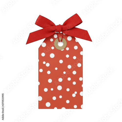 Red gift tag with white polka dots and a decorative red ribbon bow for holidays isolated on transparent background
