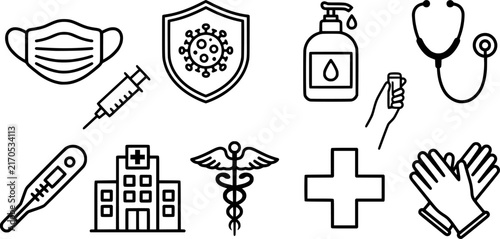 Healthcare and Virus Protection Line Art Icon Set – Black and White Medical Services, Virus, and Hygiene Vector Icons
