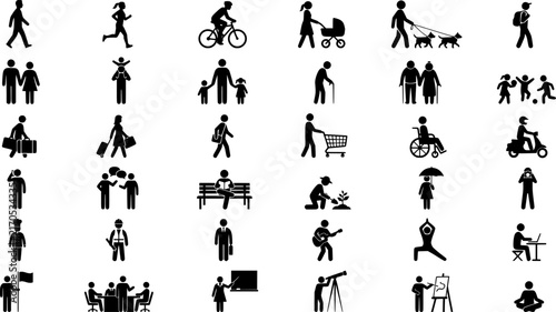 Black silhouette people icons, 30 diverse human activity pictograms, minimalist lifestyle vector set for infographics and wayfinding