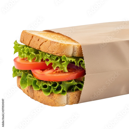 Fresh vegetable sandwich in a brown paper bag for a healthy takeaway lunch meal isolated on transparent background