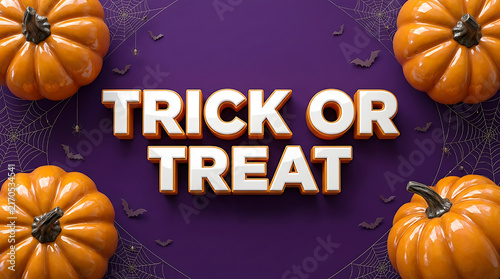 Trick or treat text design with orange pumpkins on a dark purple textured background for halloween holiday celebration