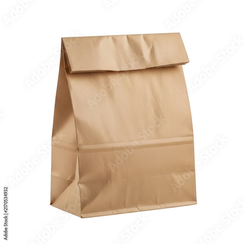 A single empty brown paper bag for food takeaway or grocery shopping isolated on transparent background