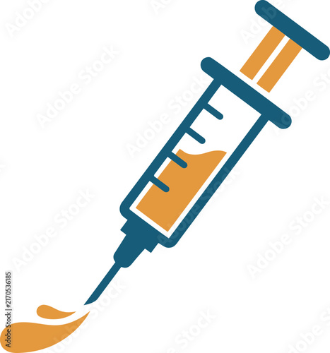 Graphic illustration of a Medical syringe tool dispensing liquid, showcasing essential medical equipment in a clean, modern style.