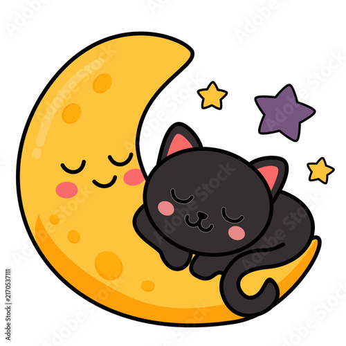 Принти на полотні a sleeping cat curled beneath a crescent moon