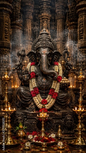 Black Stone Lord Ganesha Idol in Ancient Hindu Temple