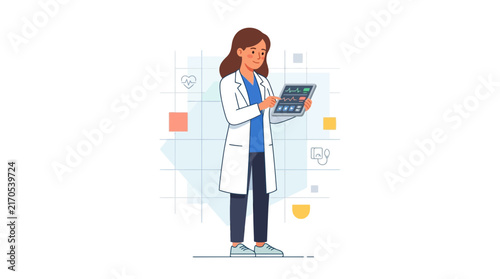 Female Doctor Holding Tablet with Medical Data and Heartbeat Monitor
