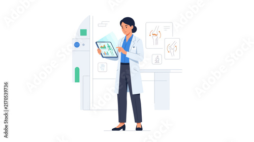 Female Doctor in Lab Coat Analyzing Medical Data on Tablet, Skeletal Diagrams in Background