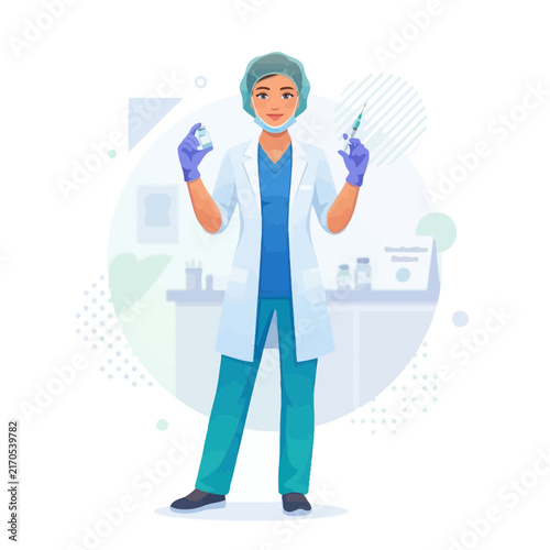 Female Doctor or Nurse Holding Syringe and Vaccine Vial, Ready for Injection
