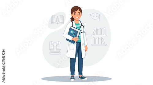 Female Doctor Holding Medical Book, Surrounded by Educational Symbols