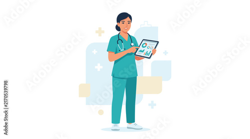 Female Doctor or Nurse Showing Health Data on Tablet, Modern Flat Illustration, Medical Concept