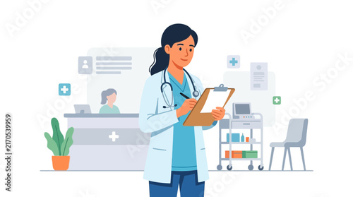 Female Doctor Writing on Clipboard in Modern Clinic with Medical Equipment and Reception Desk
