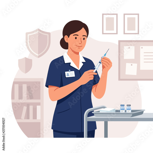 Female Nurse Preparing Syringe for Vaccination, Medical Care and Healthcare Services