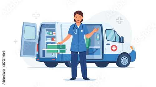 Female nurse with stethoscope standing by an open medical van filled with supplies, symbolizing healthcare and emergency services.