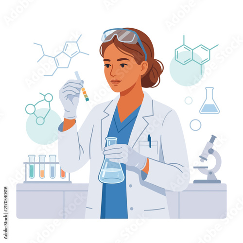 Female Scientist Conducting Experiment in Laboratory with Chemical Structures and Equipment