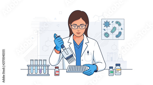 Female Scientist Conducting Microscopic Research in a Modern Laboratory, Illustration