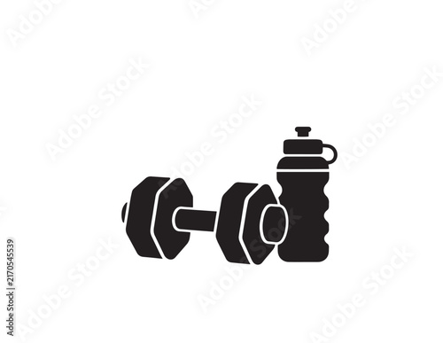 Minimalist black silhouette icon of a heavy metal dumbbell and a water bottle for fitness gym