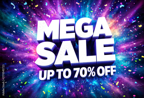 Bright colorful mega sale advertisement with confetti and discount offer up to seventy percent off