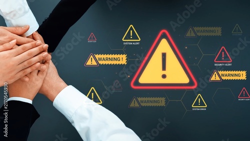 Fotografie Collaborative Team Response to System Alerts with Warning Signs Representing Cybersecurity and Operational Risks in a Modern Digital Environment Gluon