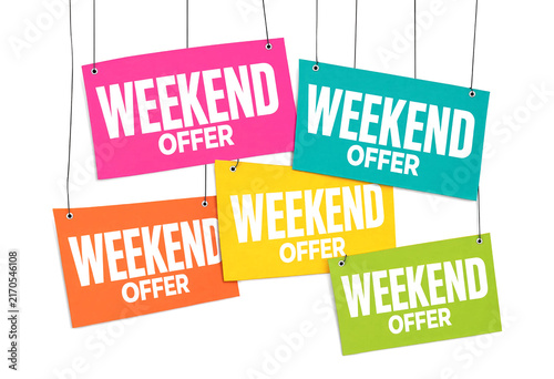 Colorful hanging signs displaying weekend offer promotion for sales and discounts advertisement idea