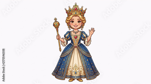 Elegant fantasy queen in an ornate purple gown and jeweled crown, holding a royal scepter, isolated on a white background