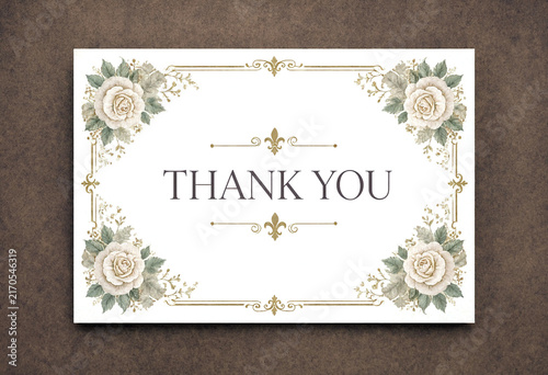 Elegant floral thank you card with white roses and gold decorative borders perfect for invitations