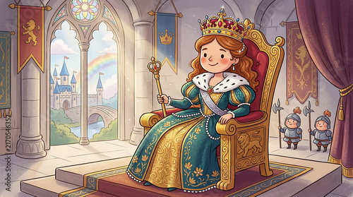 Fantasy princess in an ornate royal gown seated inside a magnificent gothic palace with stained glass windows and golden decorations