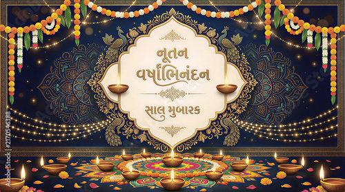 Elegant Diwali greeting card with Gujarati typography, glowing diyas, colorful rangoli, golden ornaments, and festive lights on a dark background