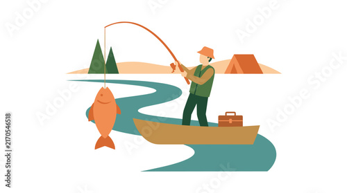 Obraz na plátne Fisherman in boat catches large fish on winding river, camping tent and trees in