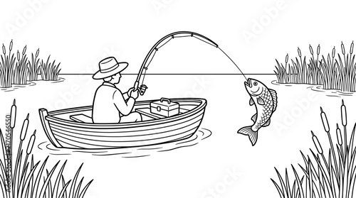 Fisherman in a hat in a rowboat catches a jumping fish, surrounded by reeds on a lake, line art illustration