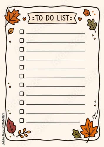 Hand-drawn autumn to-do list planner template featuring a clean checklist layout surrounded by colorful fall leaves and botanical accents. Cozy seasonal design with ample writing space for daily tasks