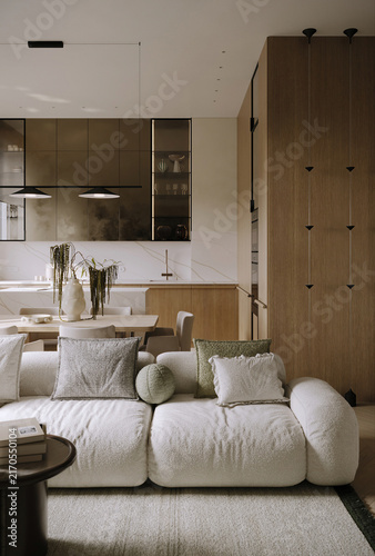 Obraz na plátně Elegant contemporary living room with a plush cream sectional, warm wood cabinetry, open kitchen and soft neutral finishes